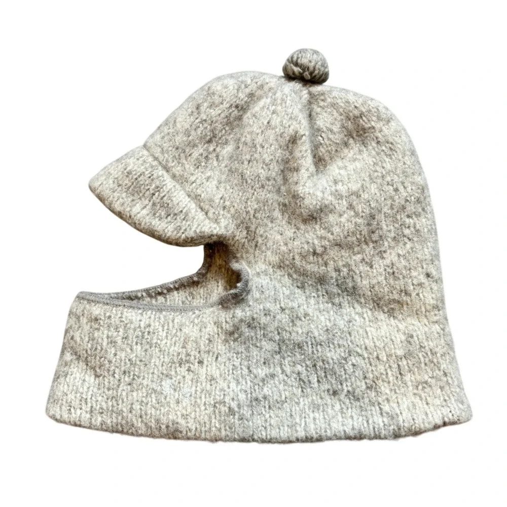 Vtg Balaclava 85% Pure Wool Face Ski Mask‎ Visor Pom Oatmeal Beige Knit